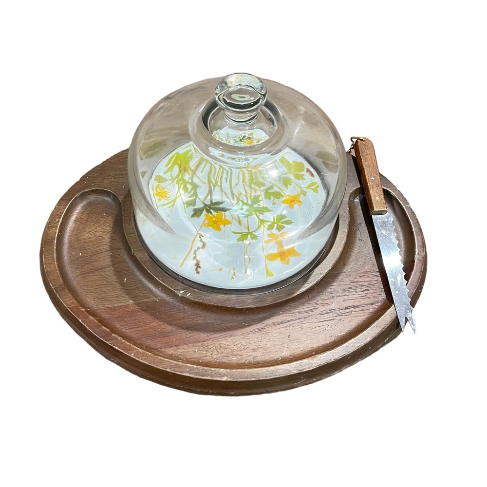 VINTAGE GOODWOOD floral cheese serving tray with glass dome and attached knife
